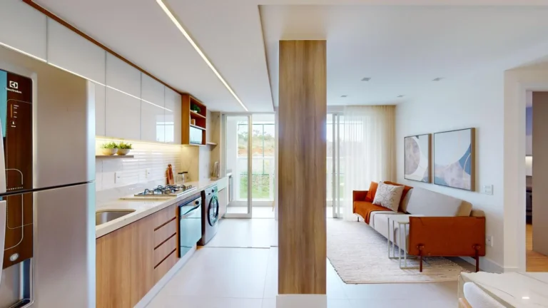Vista da sala integrada a cozinha, apartamento 2 quartos tipo no Alto do Horizonte