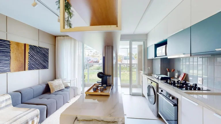 Vista central da cozinha integrada a sala de frente para varanda, apartamento 3 quartos tipo no Alto da Alvorada