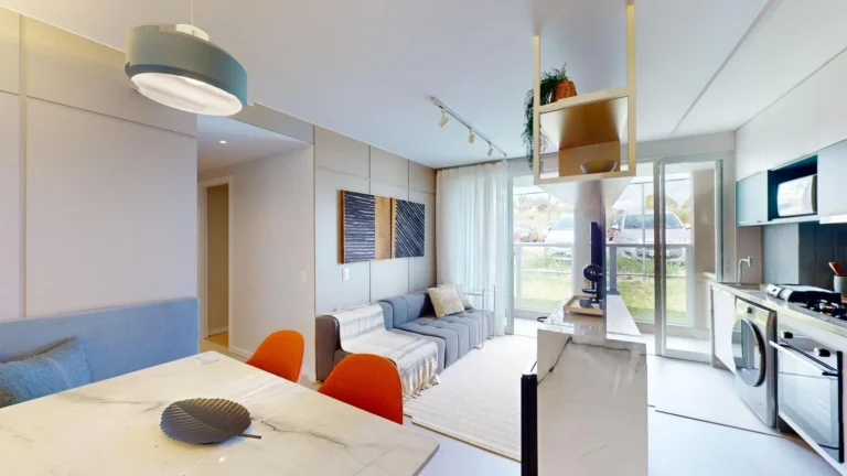 Vista da sala integrada a cozinha, apartamento 3 quartos tipo no Alto do Horizonte