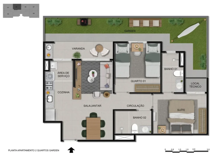 Planta do apartamento 2 quartos garden no Alto do Horizonte