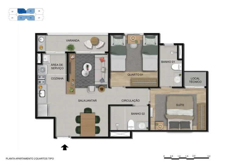 Planta do apartamento 2 quartos tipo no Alto do Horizonte