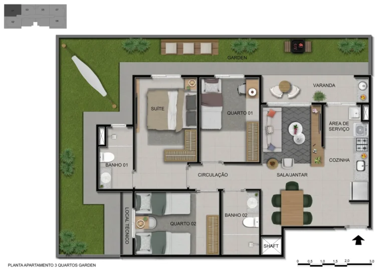 Planta do apartamento 3 quartos garden no Alto do Horizonte