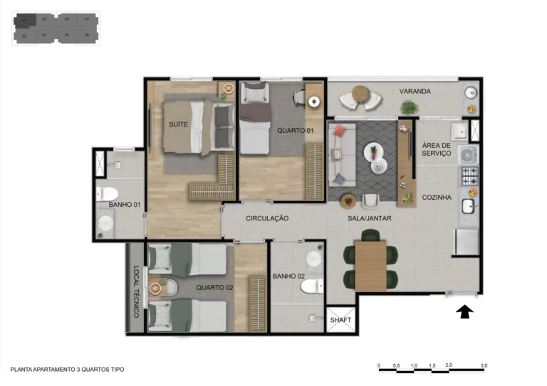 Planta do apartamento 3 quartos tipo no Alto do Horizonte