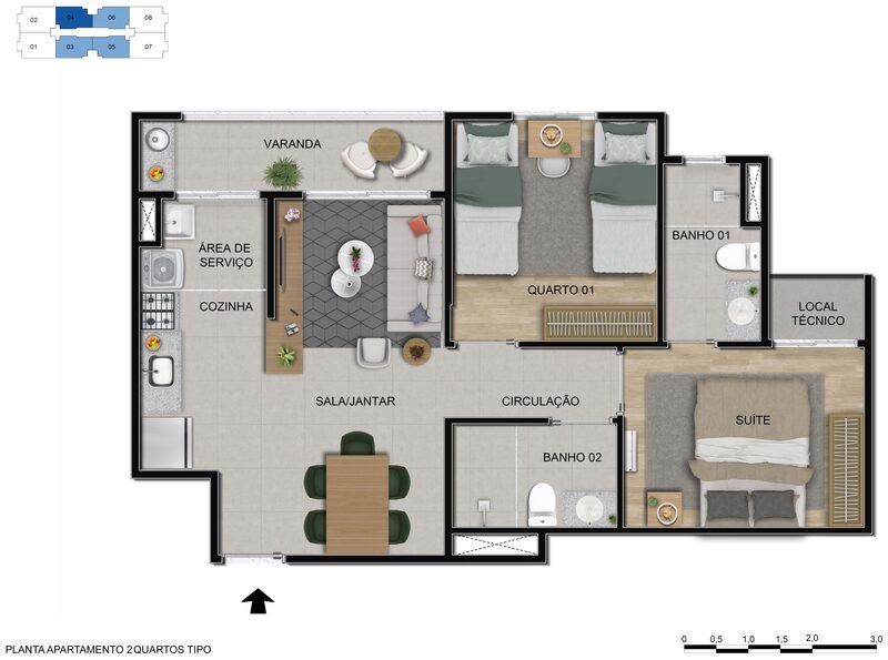 Planta do apartamento de 2 quartos do Alto Sobradinho com suíte e varanda