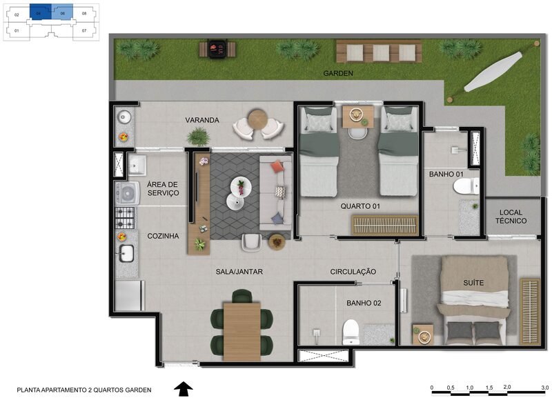 Planta do apartamento 2 quartos garden do Alto Sobradinho com área privativa