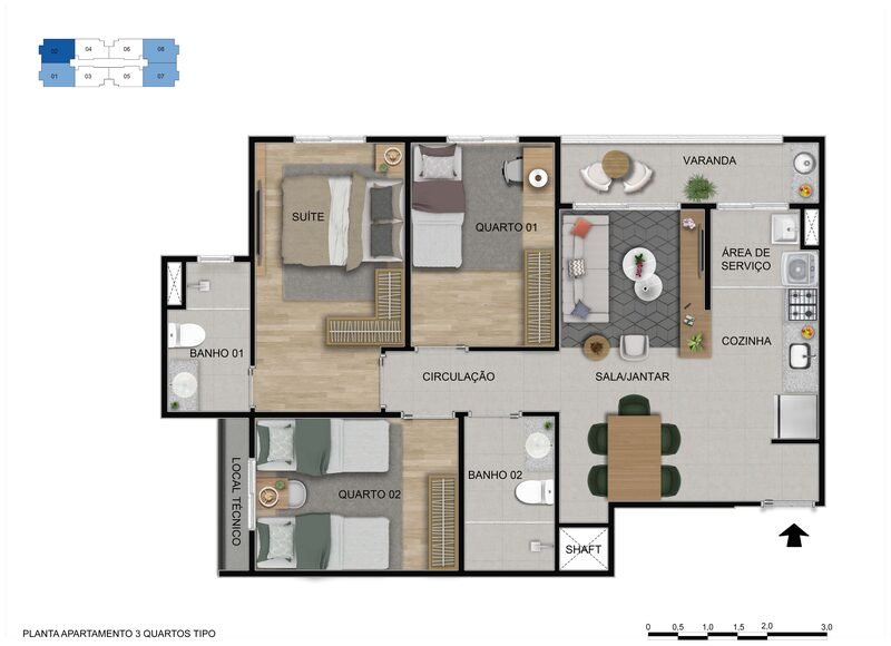 Planta do apartamento de 3 quartos do Alto Sobradinho com suíte e varanda