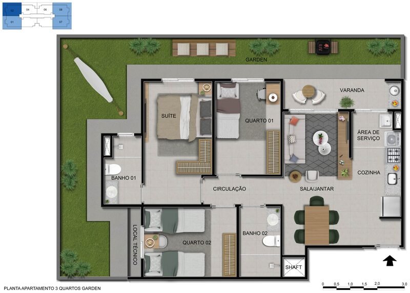Planta do apartamento 3 quartos garden do Alto Sobradinho com área privativa