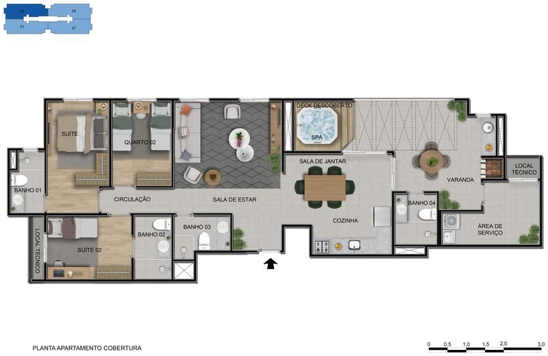 Planta da cobertura linear do Alto Sobradinho com spa e deck descoberto